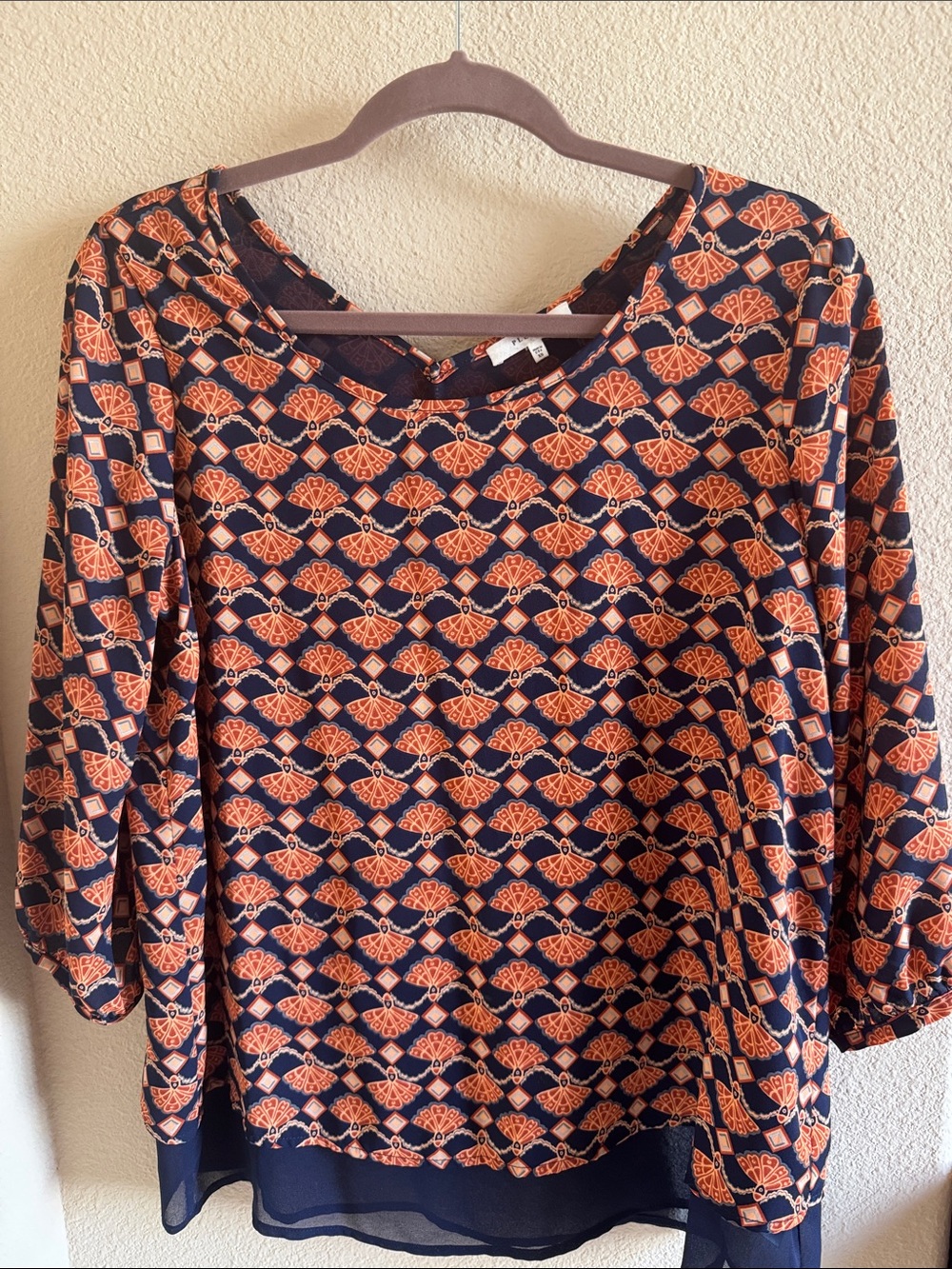 Pleione Navy Blouse with Orange Geometric Print